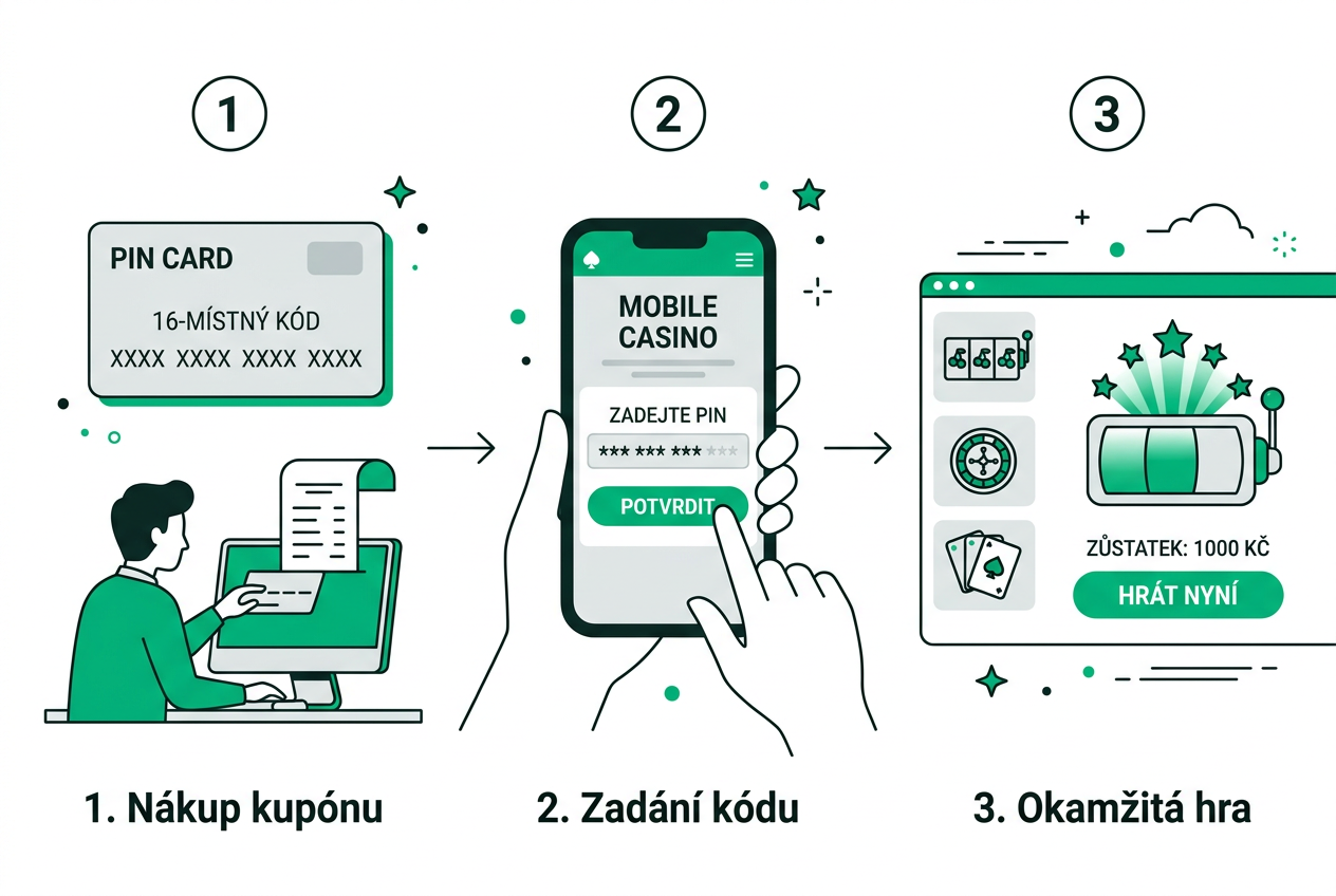 Infografika zobrazující kroky vkladu přes Paysafecard