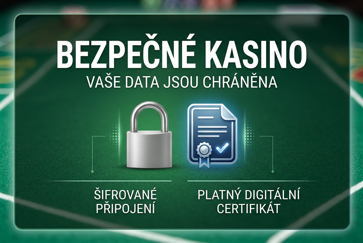 Ilustrace bezpečnostních prvků s ikonami zámku a certifikátu na zeleném filcu